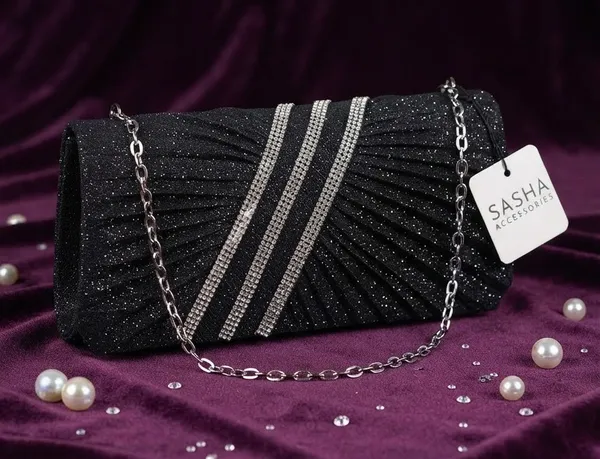 Sasha Accessories Shimmering Black Evening Clutch with Crystal Rhinestone Accents - Image 2