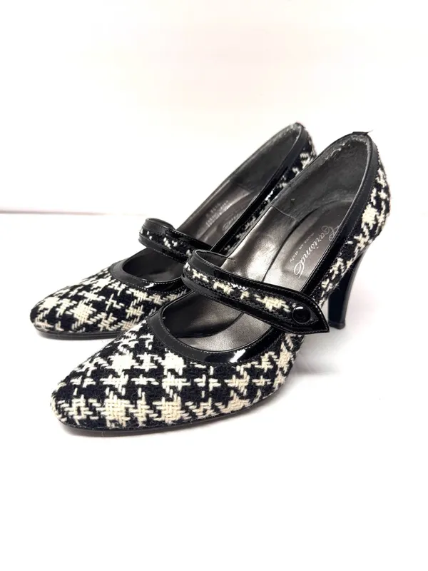 CARISMA black/white houndstooth fabric & leather Mary Janes, Italy, size 8.5 - Image 3