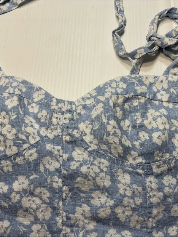Reformation 100% Linen Jaxon Tie Strap Corset Top Women Sz 10 Blue White Boho - Image 3