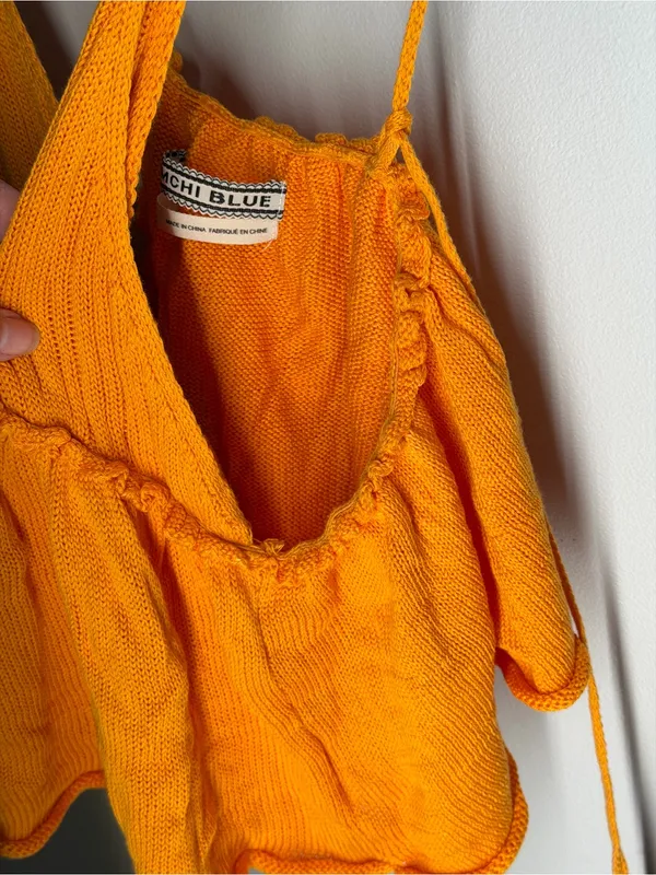 Kimchi Blue Tie Back Babydoll Crop Knit Cami Orange Boho Festival‎ Open Back Top - Image 5