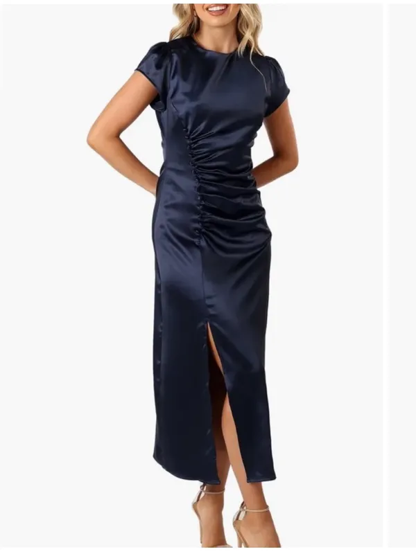 Petal + Pup Lisbeth Ruched Satin Midi Dress Navy Large NWT - Image 3