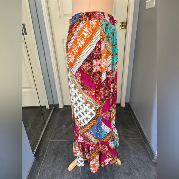 RD + KoKo Anthropologie Pink Floral Patchwork Ruffle Maxi Skirt Size Medium Boho - Image 3
