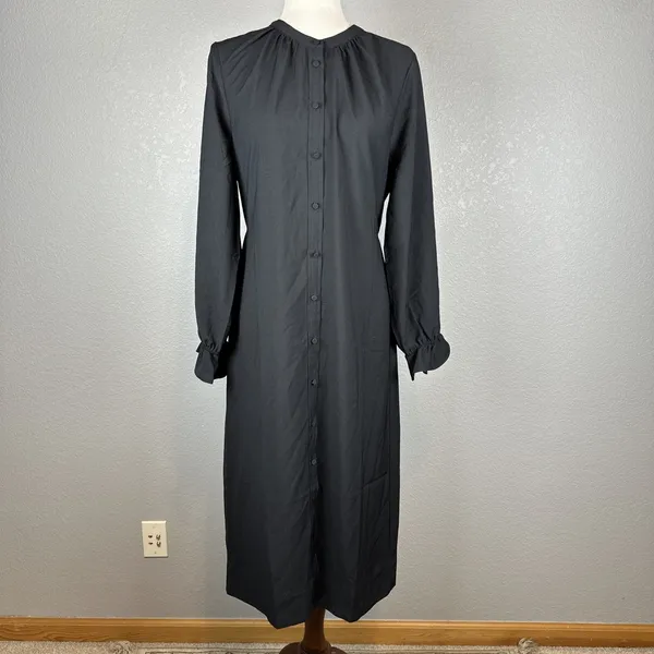 J Crew Women Drapey Shirt Dress Size M Black Satin-back Crepe Button Long Sleeve - Image 7