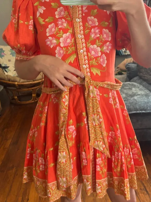 A Loves A Floral Puff-Sleeve Orange Belted Linen Mini Dress New Size Small - Image 4