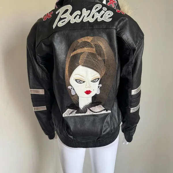 Barbie Custom Embroidered Glam Graphic Leather Jacket With Faux Fur Hood - Image 5