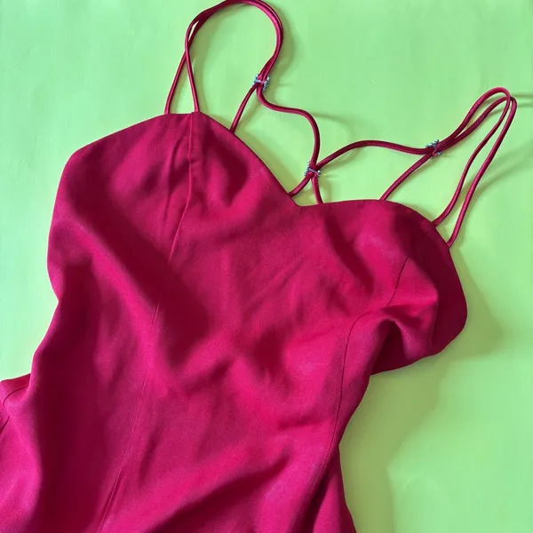 Vintage Solid Red Sleeveless Full Length Strappy Rhinestone Formal Dress - Image 10