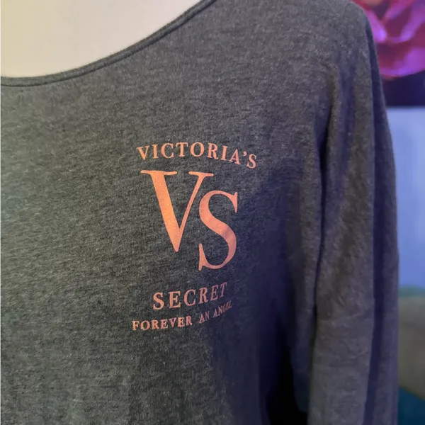 Victorias Secret PJ Shirt M Forever An Angel Gray Coral Glitter Long Sleeve - Image 2