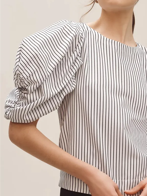 Anthropologie Maeve Puff-Sleeve Boatneck Top Striped Women’s Size Large Cotton - Image 3