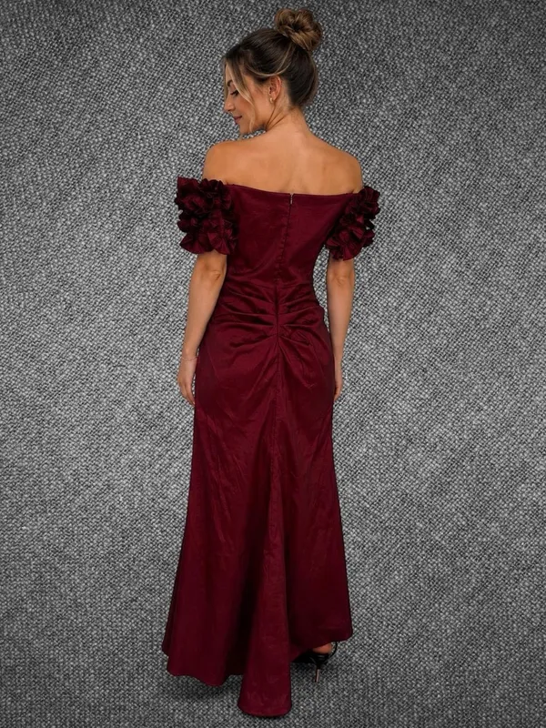 Xscape Burgundy Off Shoulder Ruffle Sleeve Ruched Formal Gown Size 10P - Image 8