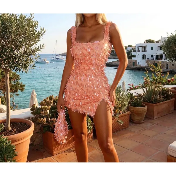 SHEIN Peach Sequin Fringe Mesh Mini Dress Square‎ Neck Bodycon M - Image 2
