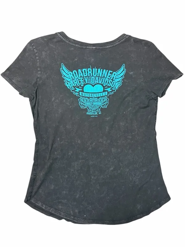 Harley-Davidson Acid Wash V-Neck // Retro Neon Goodyear AZ Biker Tee S - Image 4