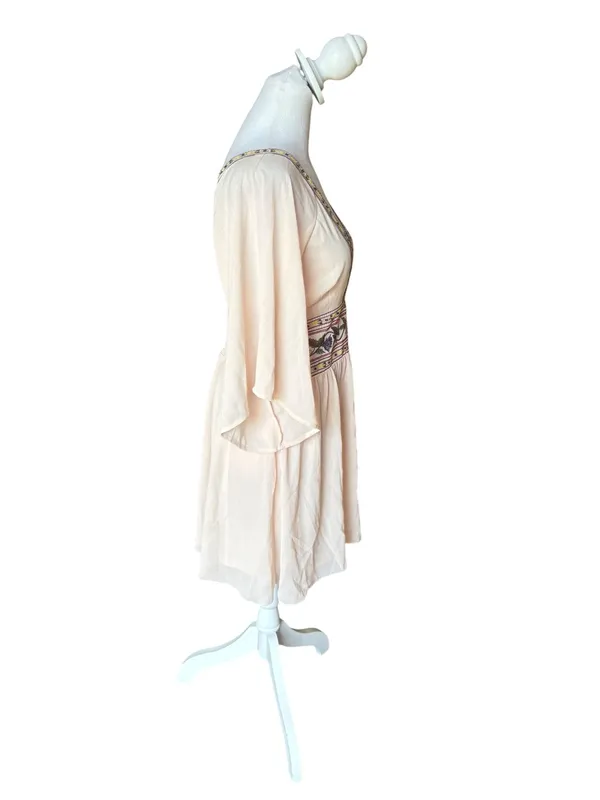 Lulus Reign Check Pale Peach Embroidered Dress Mini Boho Womens Medium NEW - Image 6