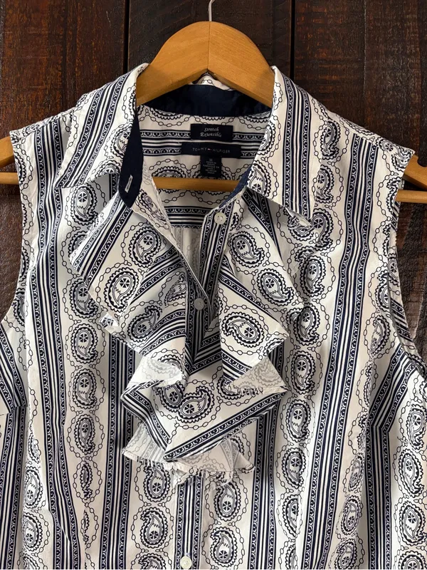 Tommy Hilfiger Sleeveless Ruffled Paisley Stripe Blouse Medium - Image 4