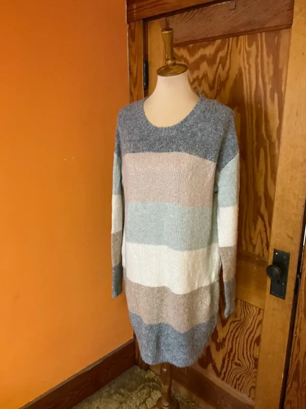 Entro Colorblock Sweater Dress Medium Soft Knit Cozy Neutral Striped Long Sleeve - Image 10