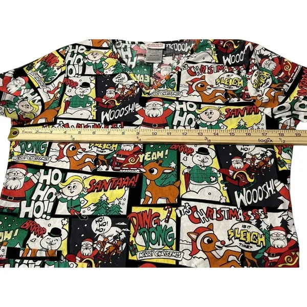 Rudolph Red Nosed Reindeer Christmas Scrub Top Comic Strip Holiday Womens XS - Image 4