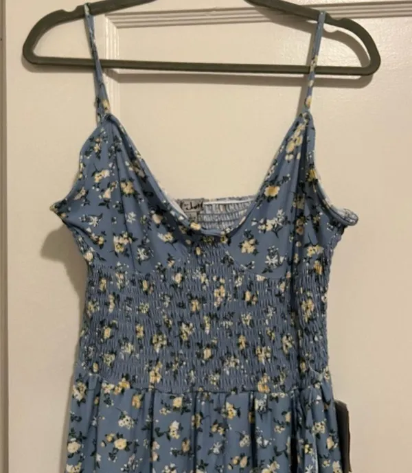 Blue & Cream Floral Print Ruffle Hem Tulip Maxi Dress Size Large NWT - Image 3