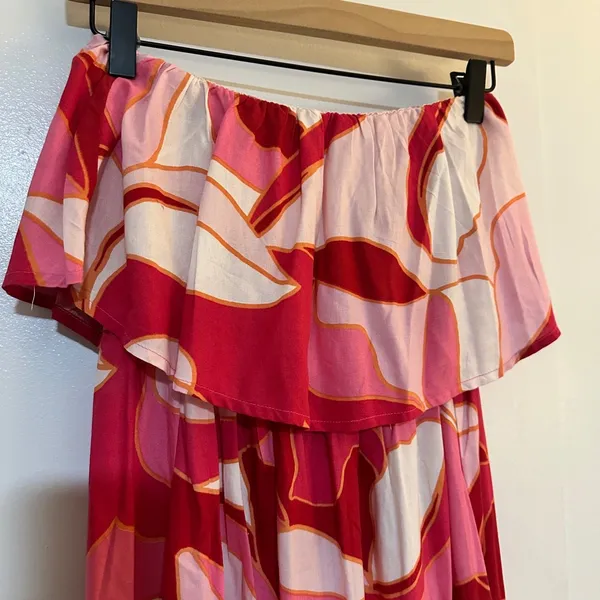 Japna | NWT Woman's Pink Red Abstract Floral Strapless Ruffle Maxi Dress, Size S - Image 5
