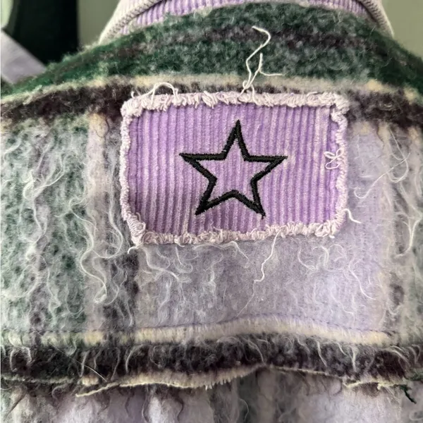 Pol x Anthropologie Purple Fuzzy Plaid Shacket Corduroy Trim Medium. - Image 6