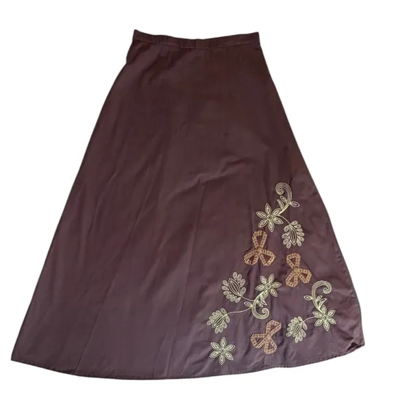 Vintage 90s Y2K Whimsigoth Brown Embroidered A-Line Maxi Skirt Cottagecore Sz 10 - Image 2