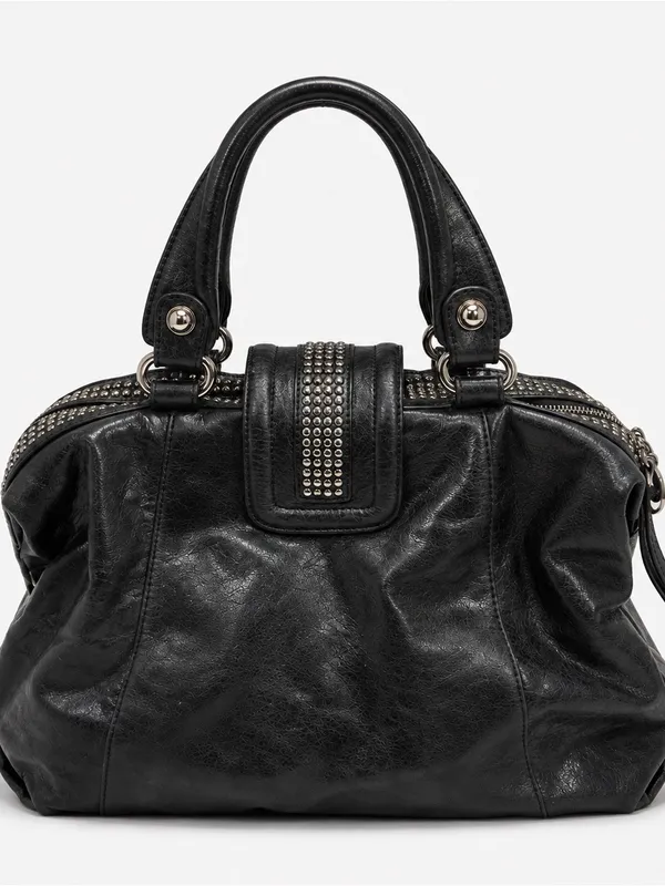 Marciano Black Leather Tote with Studded Stripe and Logo - Image 3