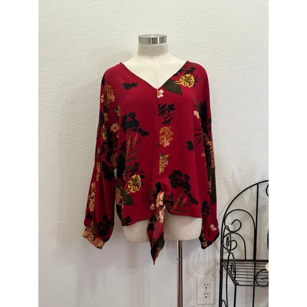 Umgee Floral Tie Front Blouse‎ Burgundy Red Long Sleeve V Neck Top - Image 2