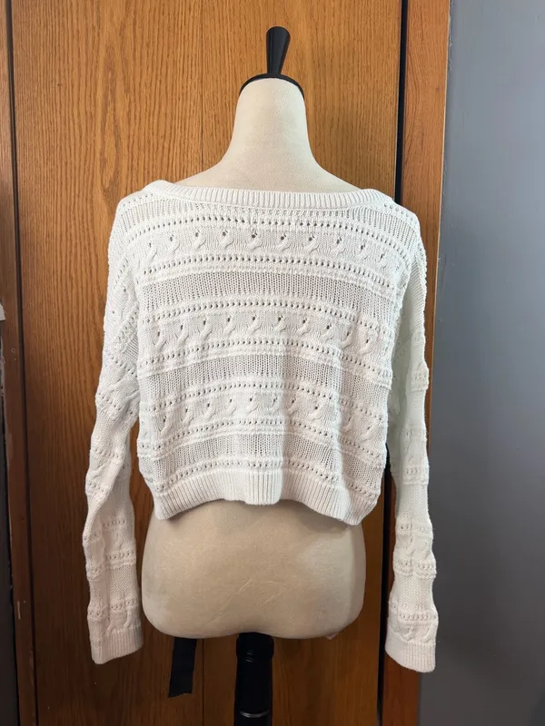 Hollister White Cropped Pointelle Open Knit Sweater Top Size Small - Image 6