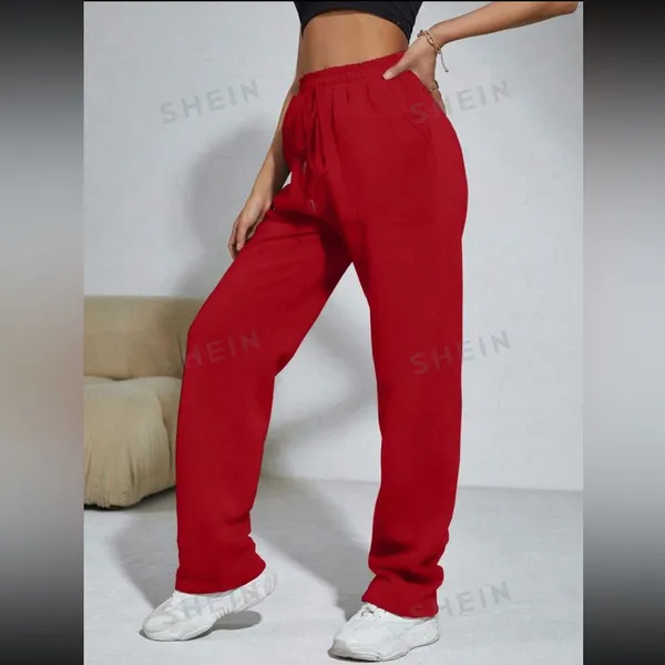 SHEIN Red Slant Pockets Drawstring Waist Flare Leg Sweatpants - Image 5