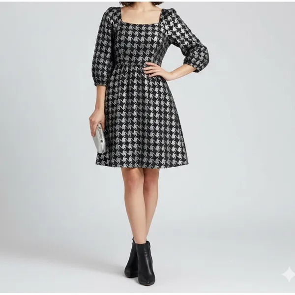 NEW Anthropologie Balloon Sleeves Dress XSMALL DAMASK houndstooth Silver Black - Image 3