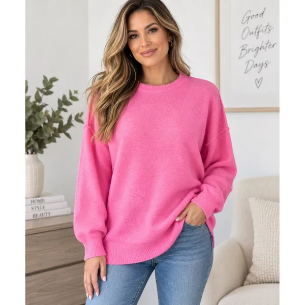 BTFBM Women's M Hot Pink Oversized Knit Sweater Crew Neck Long Sleeve Tunic Fall - Image 2