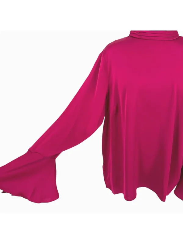 Halogen High Neck Flared Cuff Satin Blouse Fuschia Pink Size Large NWOT - Image 3