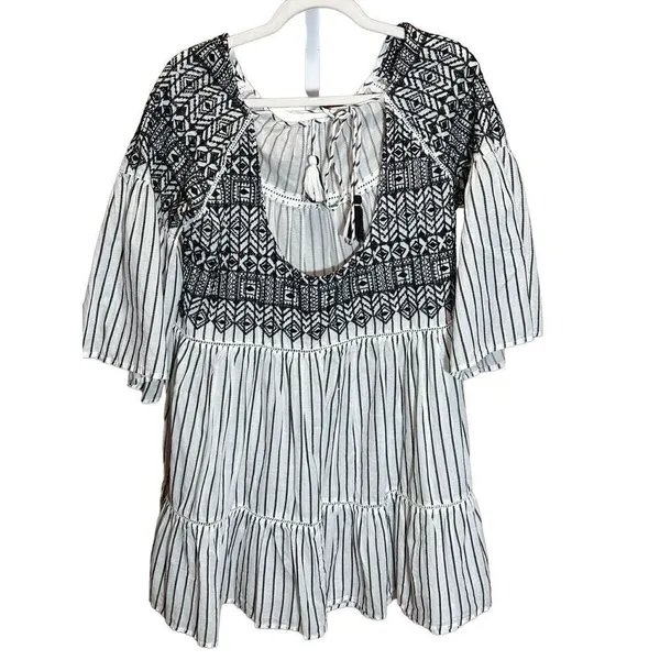 Free People Women's Boho Mini Lola Striped Dress White Black Tiered Embroidered‎ - Image 7