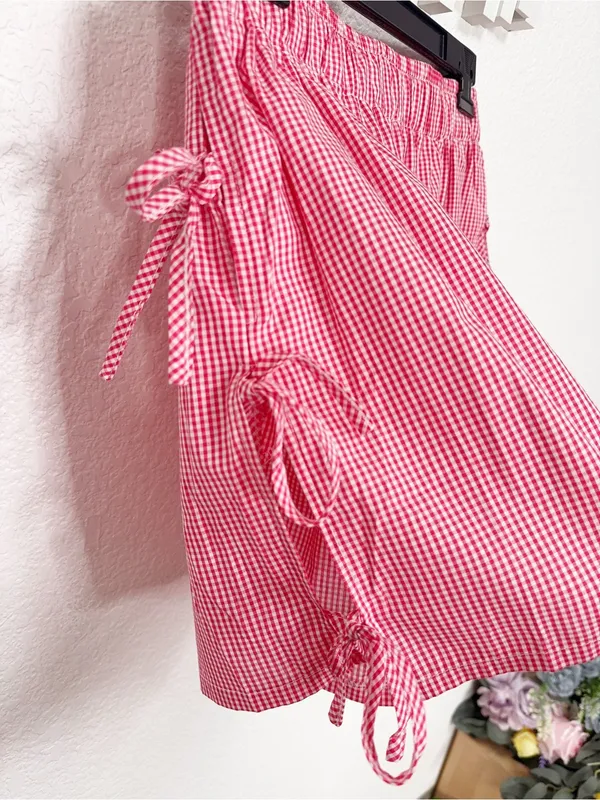 Miss Sparkling Red Gingham High Waist Shorts Side Tie Pocket Cottagecore Summer - Image 5