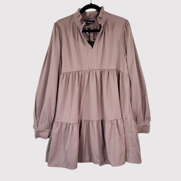 NWT En Saison Women Dress Brown Tiered Babydoll Mini V Neck Ruffle A Line Medium - Image 2