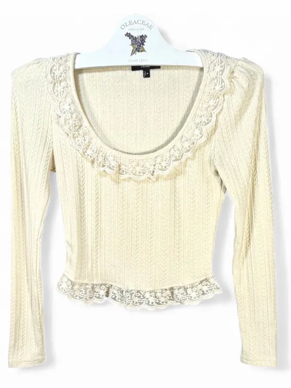 LULUS Women’s Coquette Appeal Cream Pointelle Lace Long Sleeve Top Size Medium - Image 3