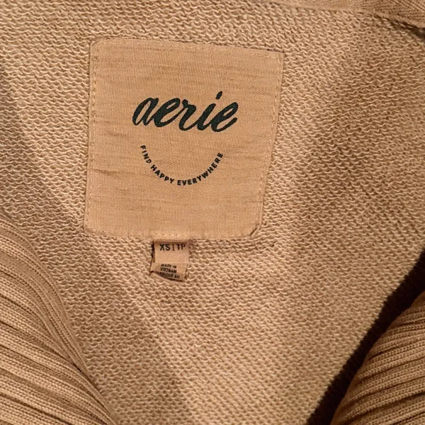 Aerie Oversized Quarter Zip Sweatshirt Tan‎ Ribbed Trim Pullover XS - Image 4