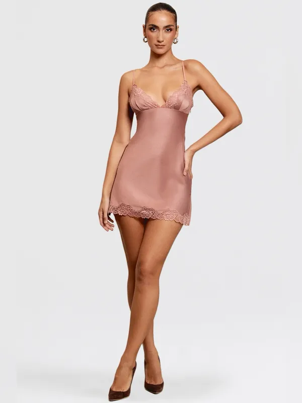 House of CB Nia Rose Pink Satin & Lace Slip Dress M - Image 10