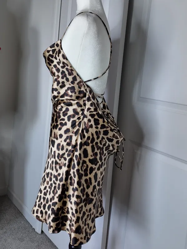 Zara Satin Leopard Print Mini Dress Brown Size M - Image 3
