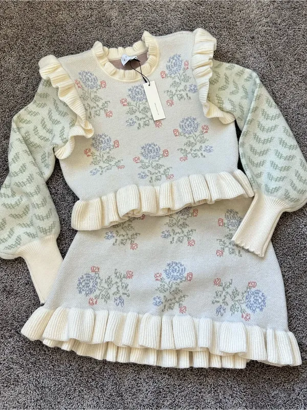 Cream Floral Knit Skirt Set with Ruffle Details - Image 3