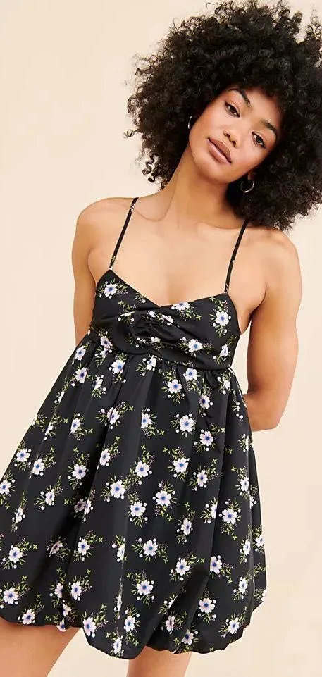 Free People Black Floral Bubble Mini/Midi Dress - Image 2