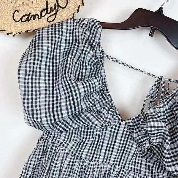 Moon River Afternoon Sunshine Multi Plaid Puff Sleeve Mini Dress - Image 4