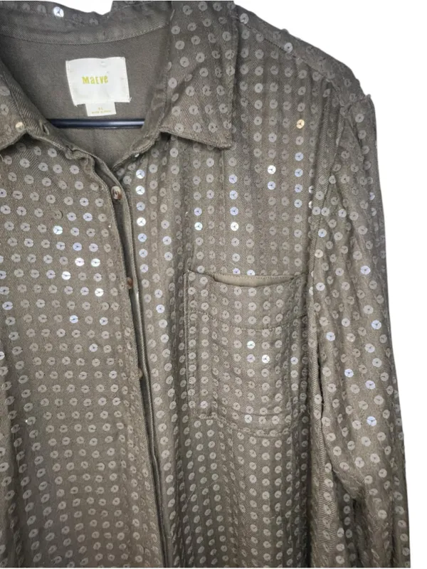 Maeve Anthropologie Olive Green Sequin Covered Oversized Long Sleeve Button Down - Image 2