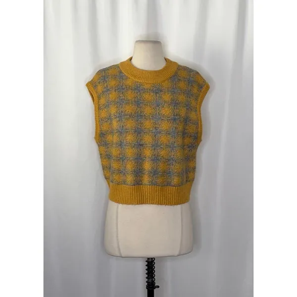 ZARA Chunky Wool Sweater Vest Plaid Star Pattern Yellow Gray Academia Small - Image 2