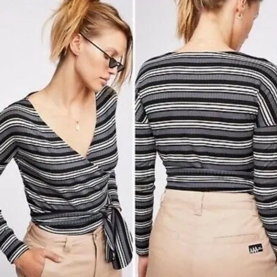Free People Striped Wrap Top Always With Me Tee‎ Boho Casual Minimalist XS - Image 2