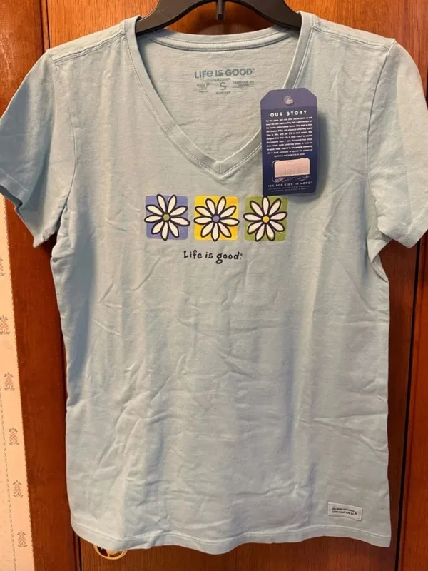 Life Is Good Light Blue V-Neck Tee with Daisy Squares - Image 2
