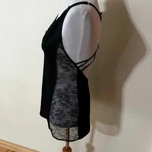Victoria’s Secret VS black satin plunge V neck lace panel slip dress SMALL - Image 2