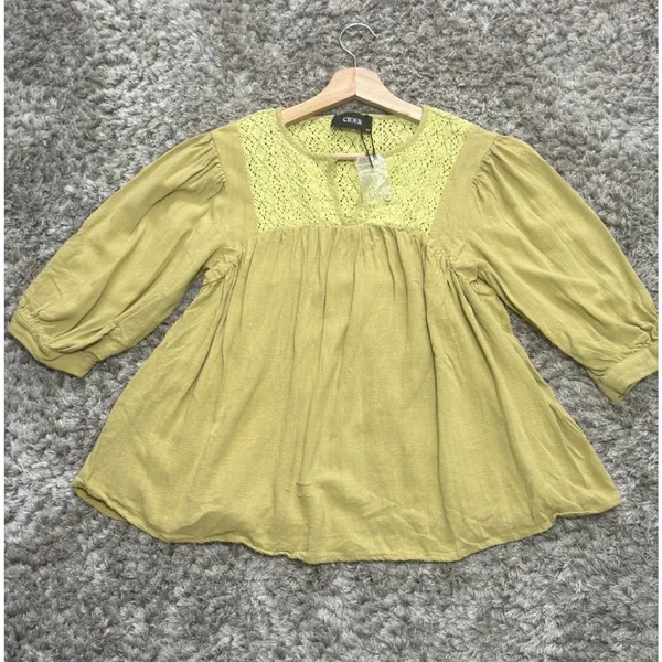 Cider Crochet Peasant Blouse Women’s Size XS Green/Yellow Boho Cottagecore NWOT - Image 4