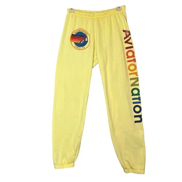 Aviator Nation Sweatpants Womens Small Yellow Rainbow Logo Fleece Jogger USA - Image 2