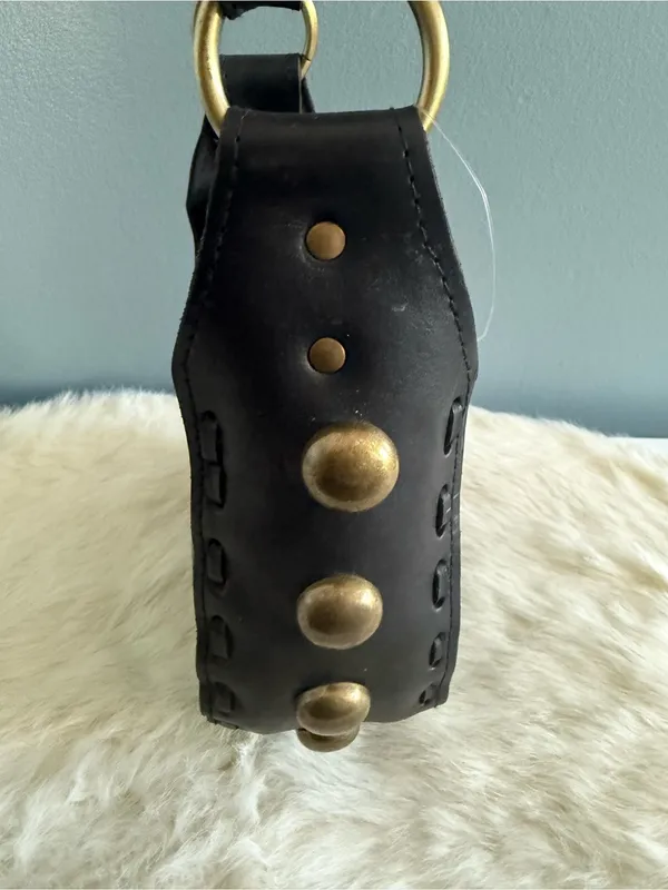 Handcrafted Boho Leather Studded Crossbody Bag Black - Image 5