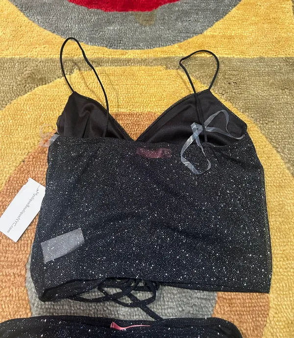 NWT Black Glitter Sparkly Two Piece Matching Set Crop Top Ruched Mini Skirt S - Image 6