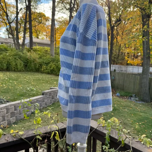 Talbots Sweater Cardigan - Raglan Sleeves Size L Large Baby Blue White Stripe - Image 4